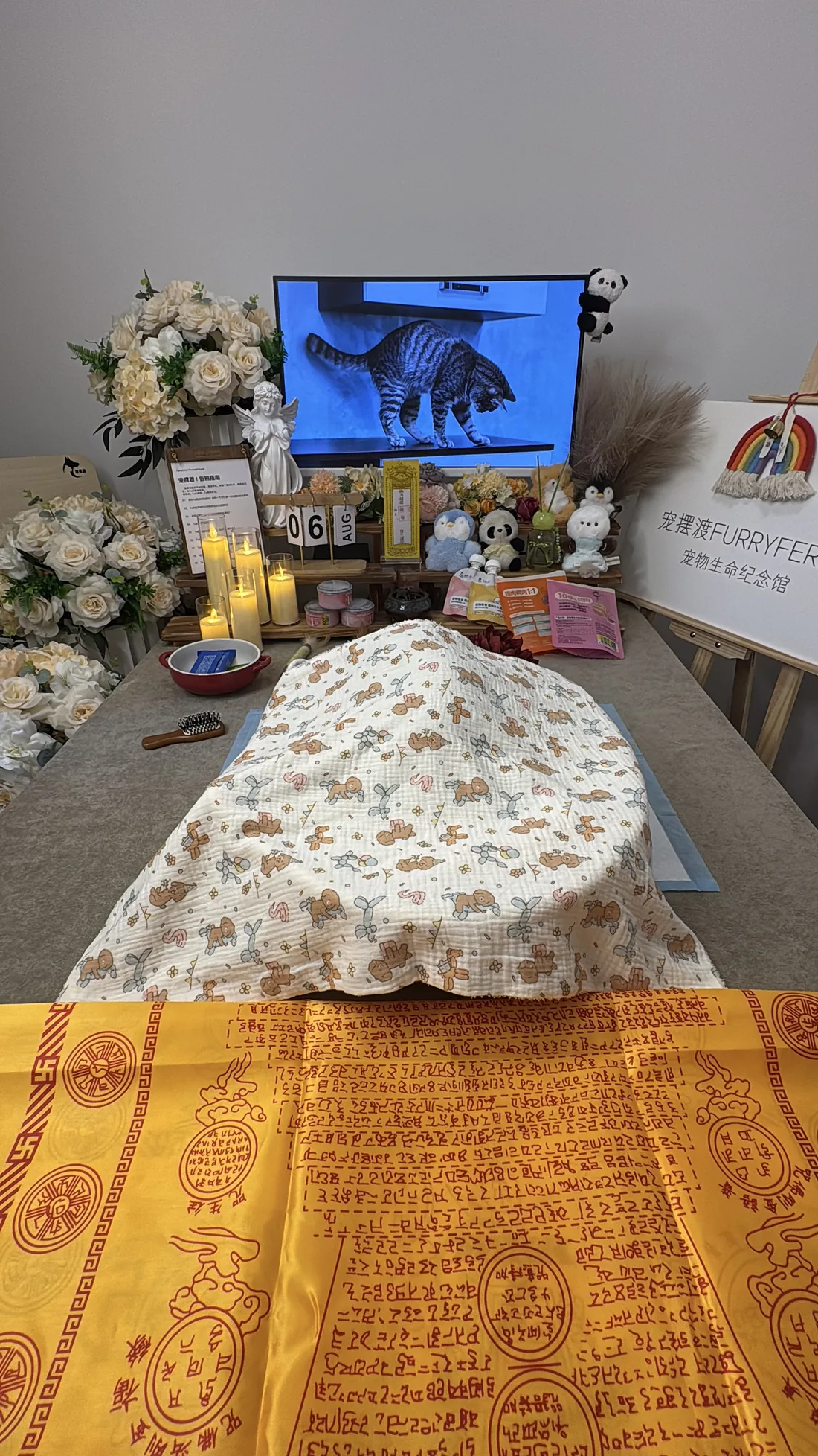 南宁宠物告别仪式中的鲜花与纪念照片